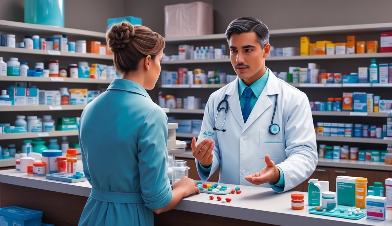 A pharmacist explaining medication to a patient at a pharmacy counter