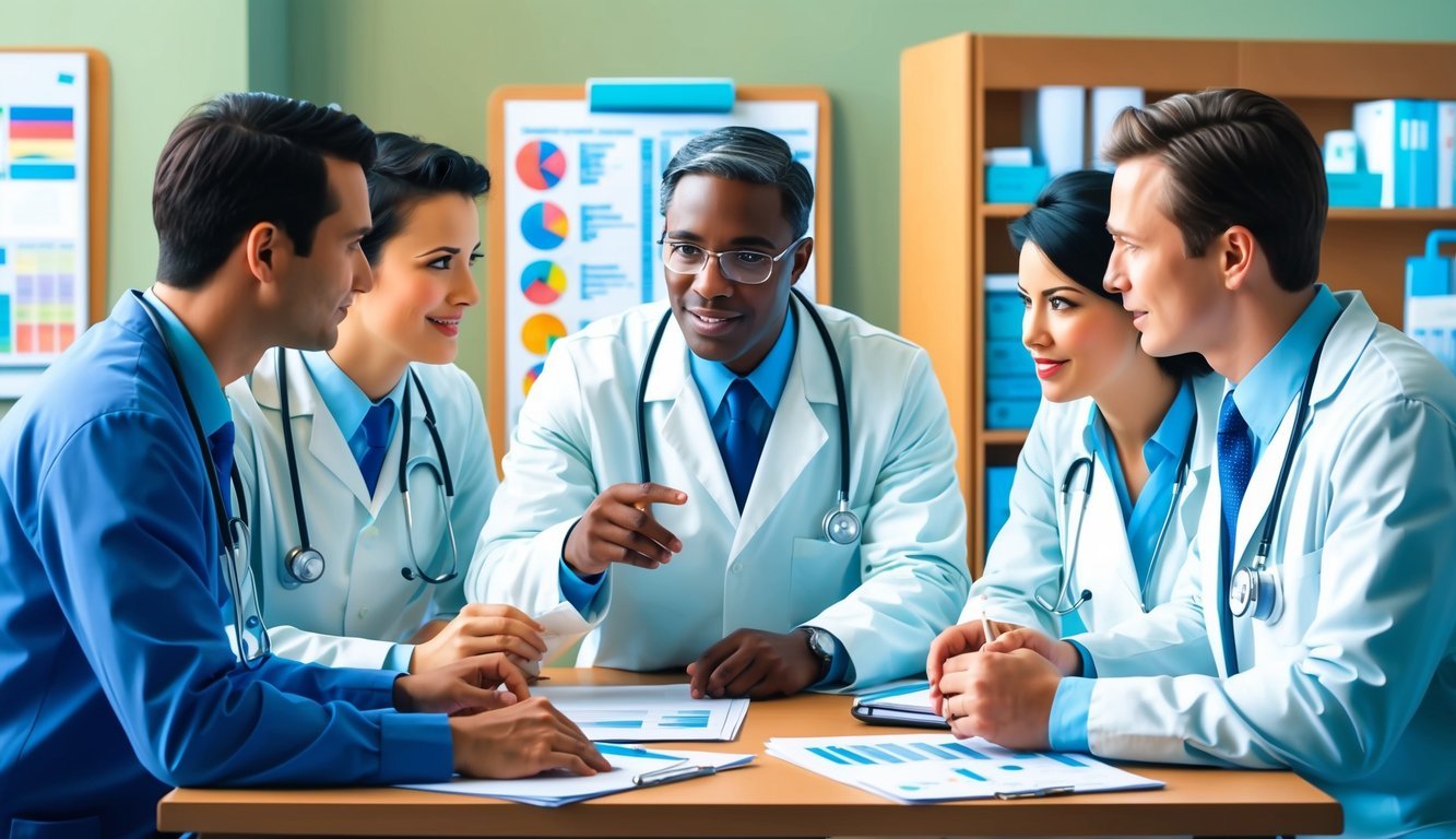 A group of medical professionals gather around a table, discussing and exchanging information.</p><p>Charts and medical equipment are visible in the background