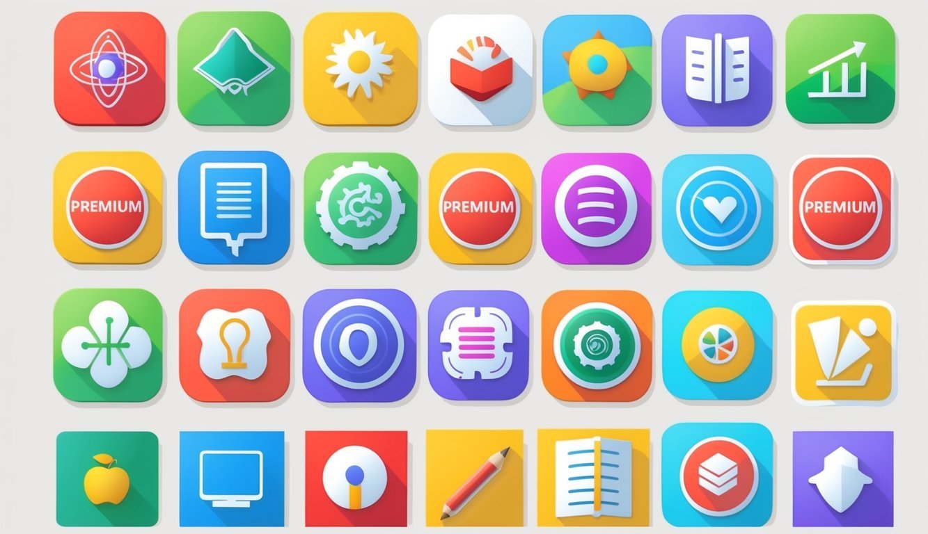 A group of colorful app icons arranged in a grid, with "premium" badges and a variety of educational symbols