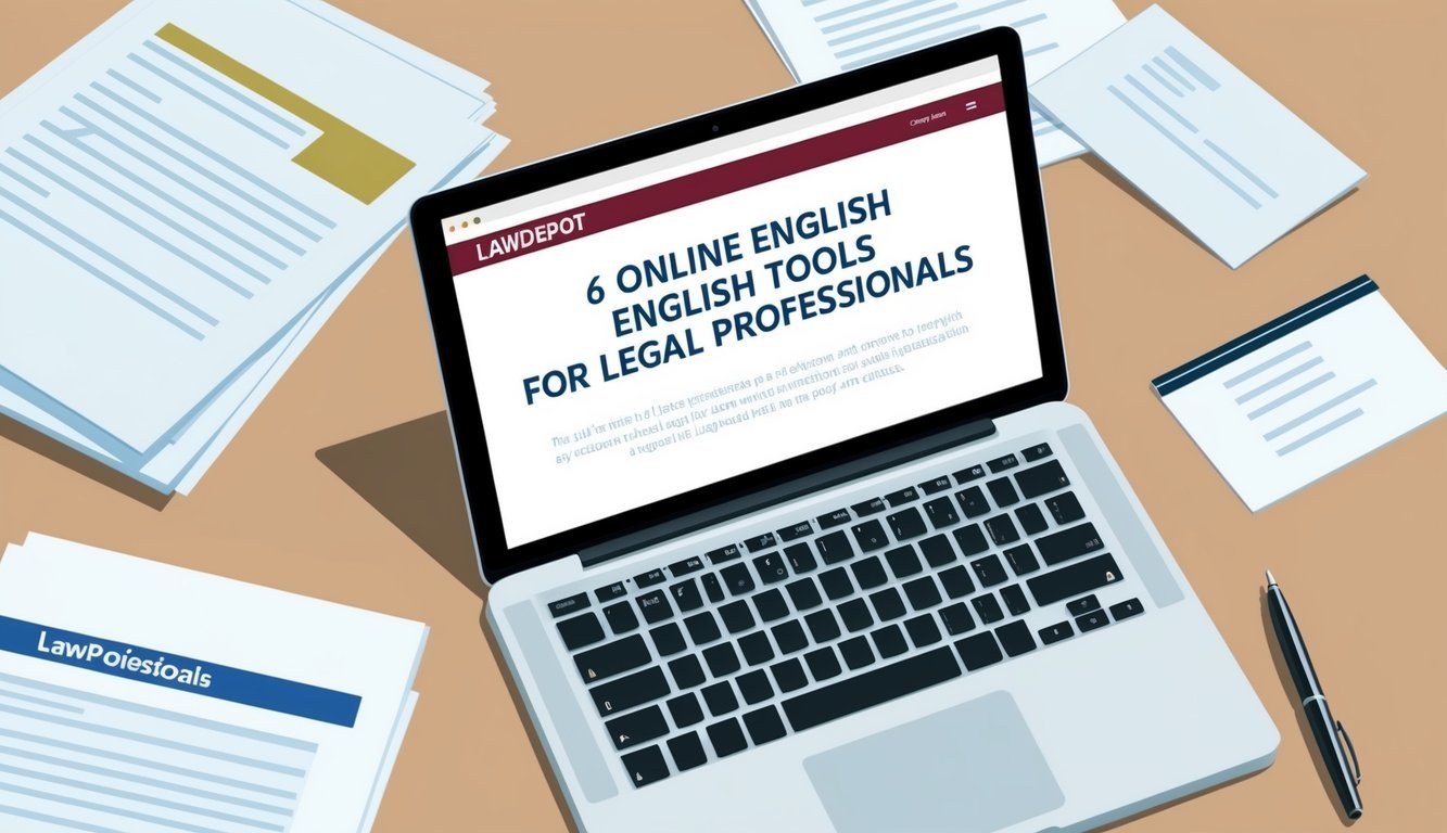 A laptop open to a webpage titled "LawDepot 6 Online English Tools for Legal Professionals," surrounded by legal documents and a pen