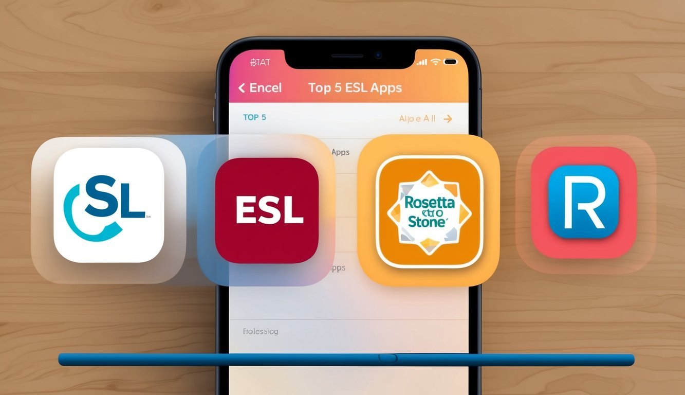 A smartphone screen displaying icons of the top 5 ESL apps, with the Rosetta Stone app highlighted among them