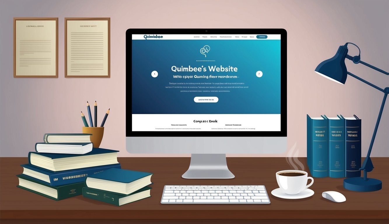 A desk with a computer displaying Quimbee's website, surrounded by legal reference books and a cup of coffee