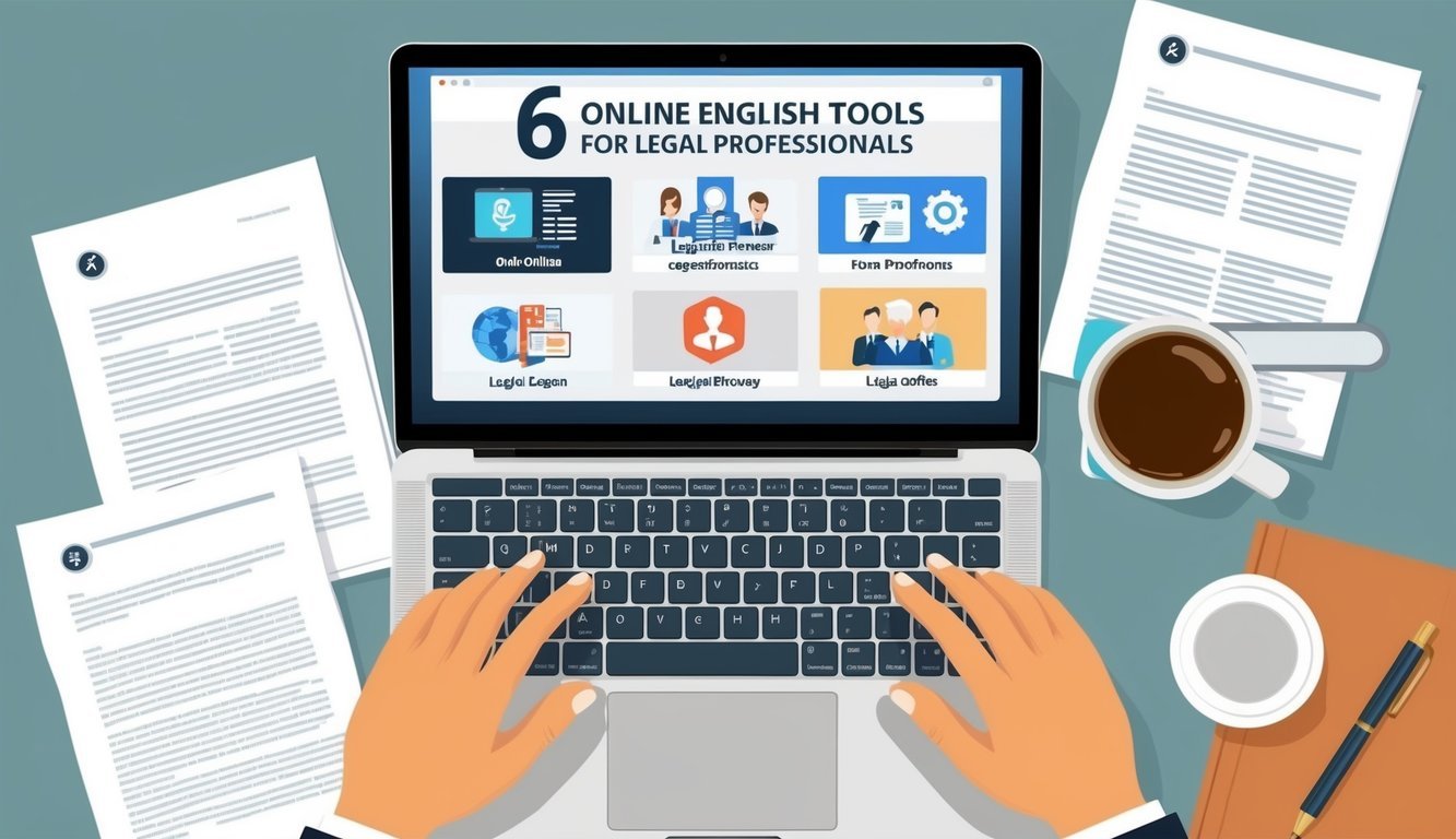 A laptop displaying 6 online English tools for legal professionals, surrounded by legal documents and a cup of coffee