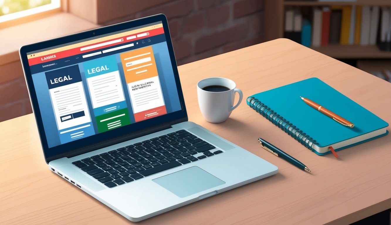 A laptop displaying legal websites, a pen, and a notebook on a desk