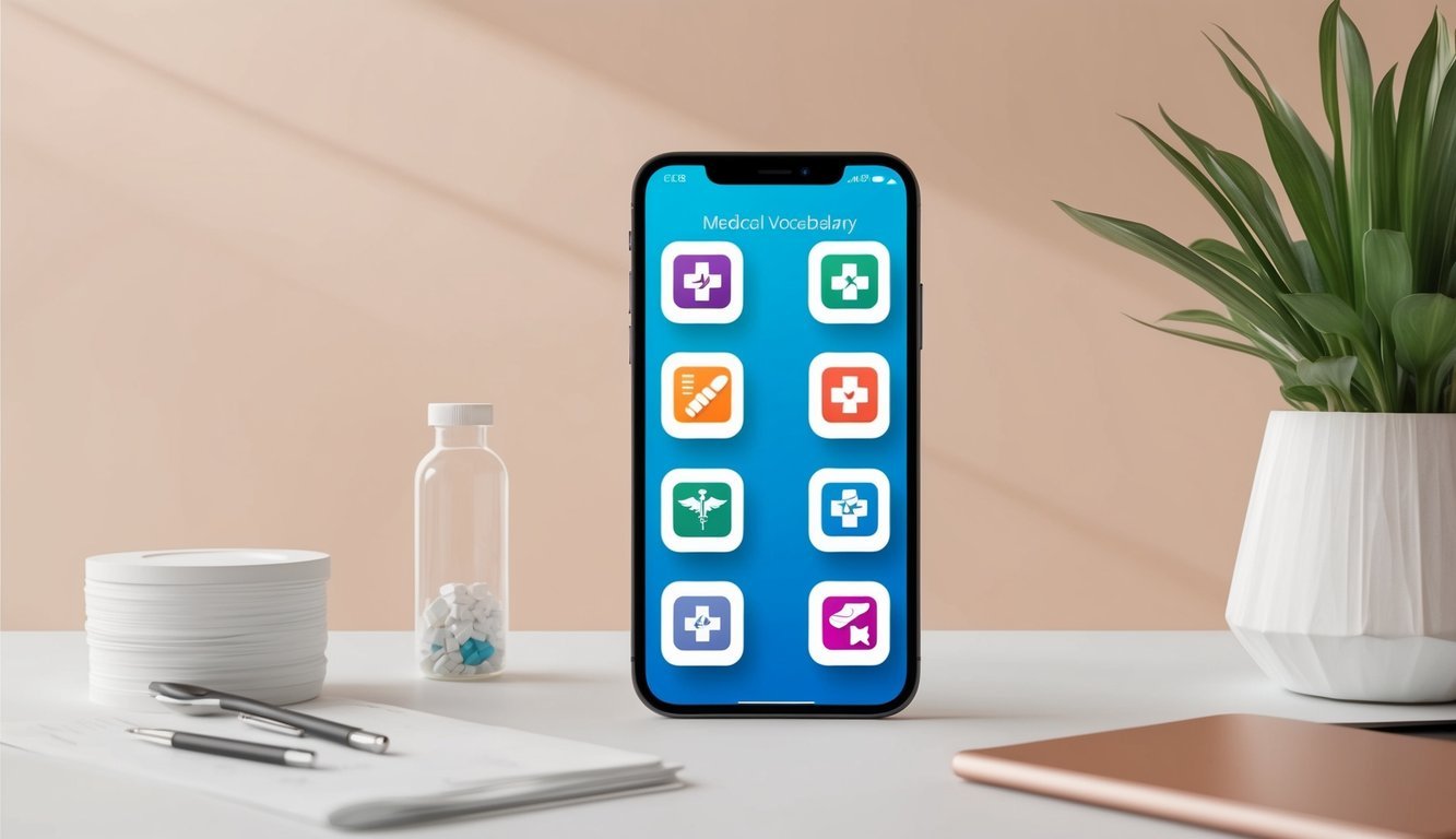 A smartphone displaying medical vocabulary app icons against a clean, modern backdrop