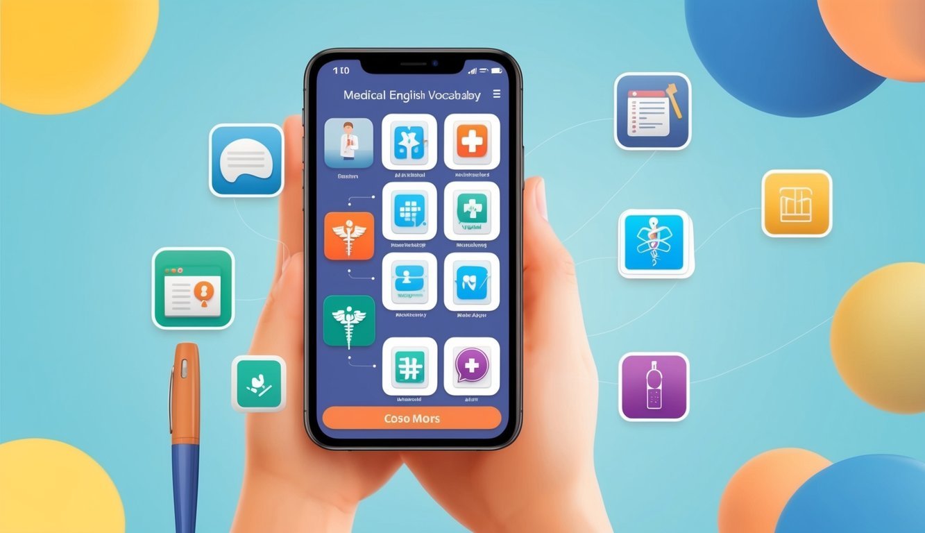 A smartphone displaying 8 medical English vocabulary training app icons on a bright, modern background