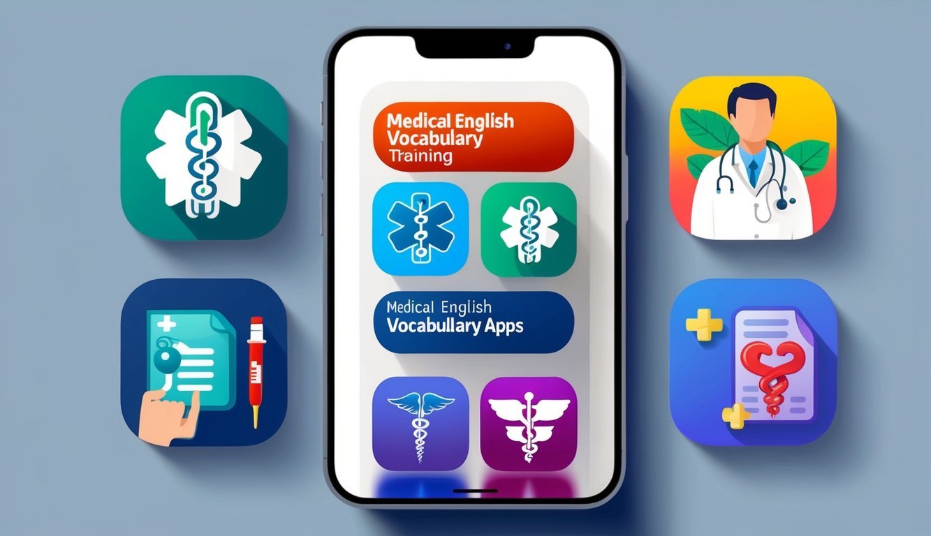 A smartphone displaying icons of medical English vocabulary training apps