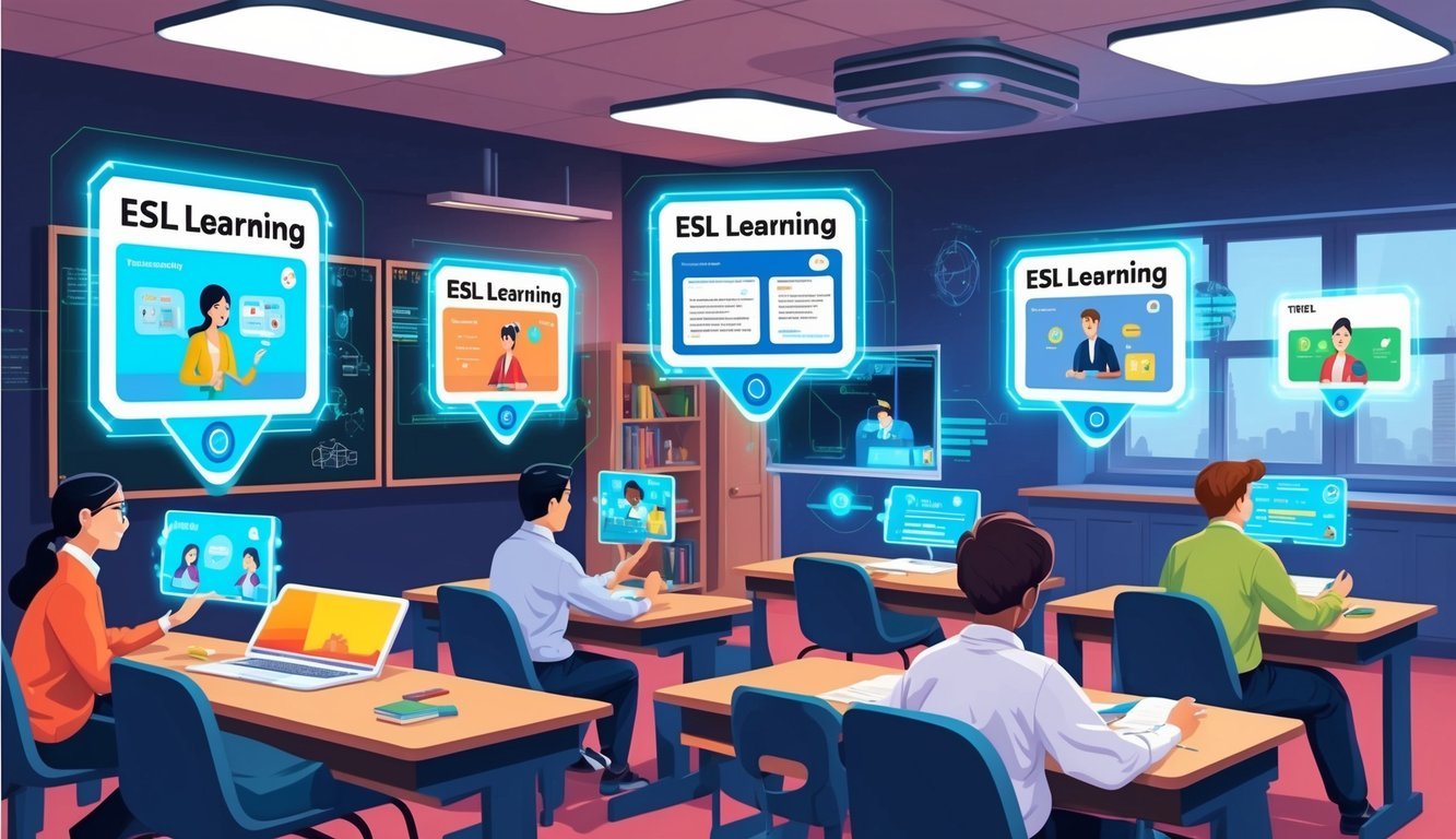 A futuristic classroom with holographic screens displaying 5 ESL learning apps.</p><p>Students interact with virtual tutors and engage in immersive language exercises