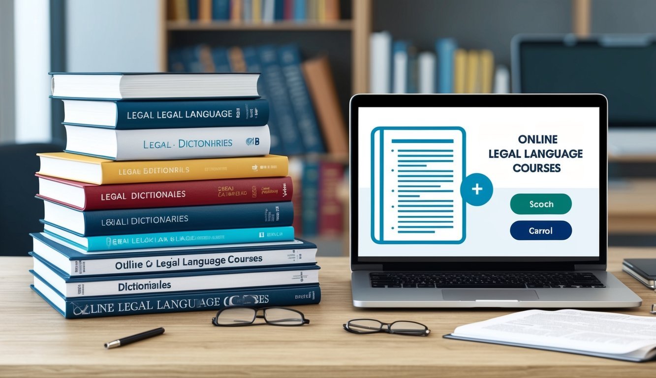 A stack of legal textbooks and dictionaries arranged on a desk, alongside a laptop displaying online legal language courses