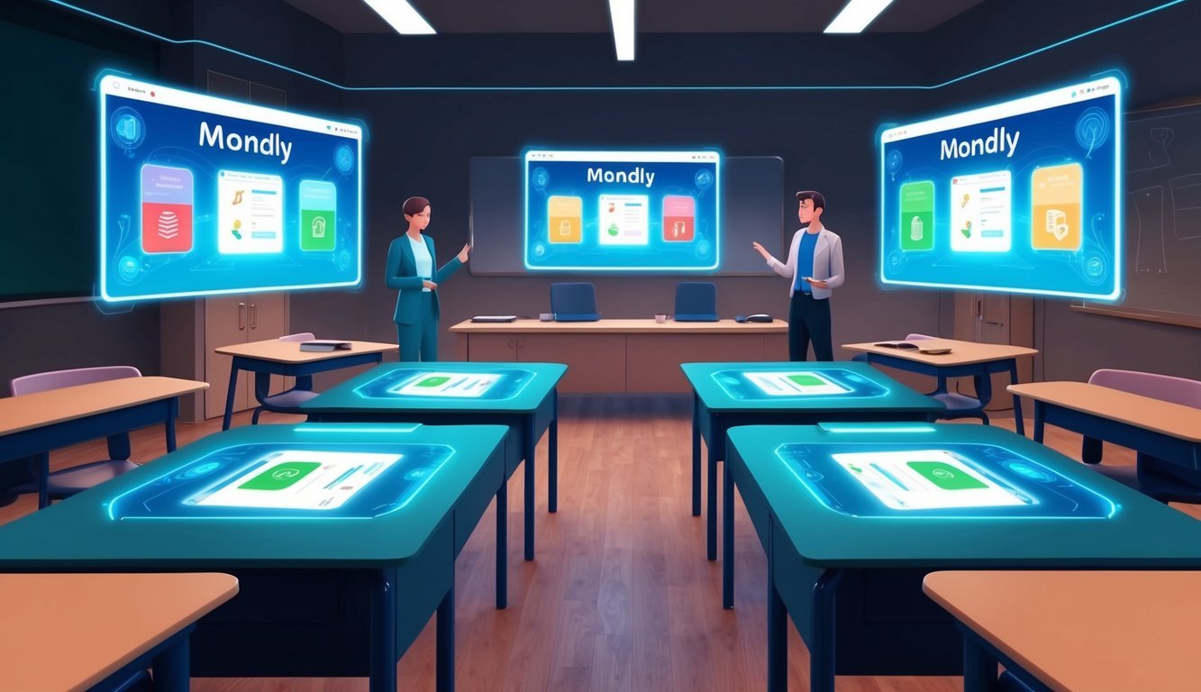 A futuristic classroom with holographic screens showing Mondly ESL learning apps in use