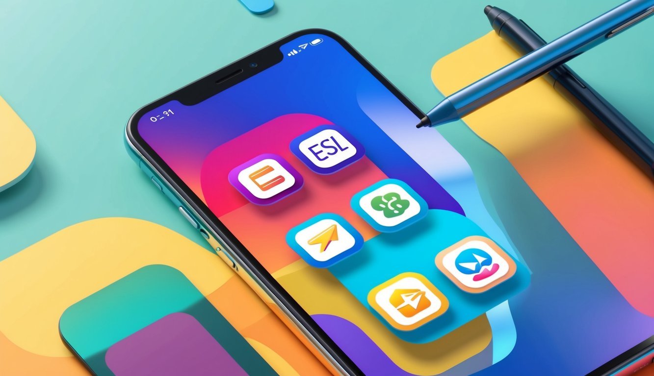 A modern smartphone displaying five colorful ESL app icons on a vibrant screen, with a stylus nearby for interaction