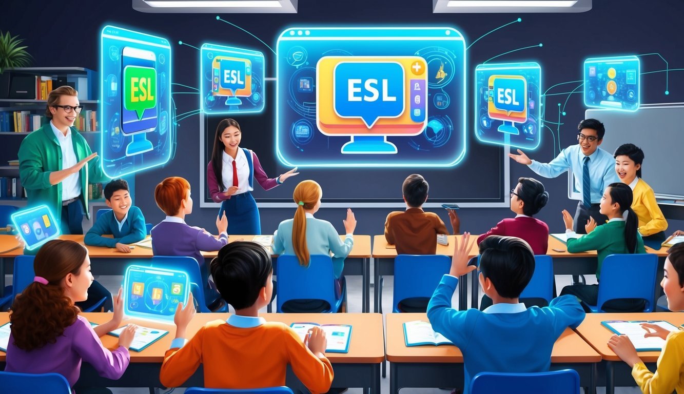 A futuristic classroom with holographic screens displaying 5 ESL learning apps surrounded by eager students interacting with the technology