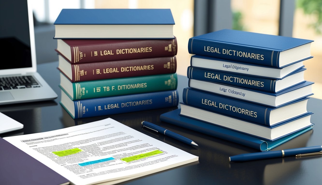 A stack of legal dictionaries and textbooks on a desk, surrounded by a laptop, notebook, and pen.</p><p>A legal document with highlighted terminology lies open