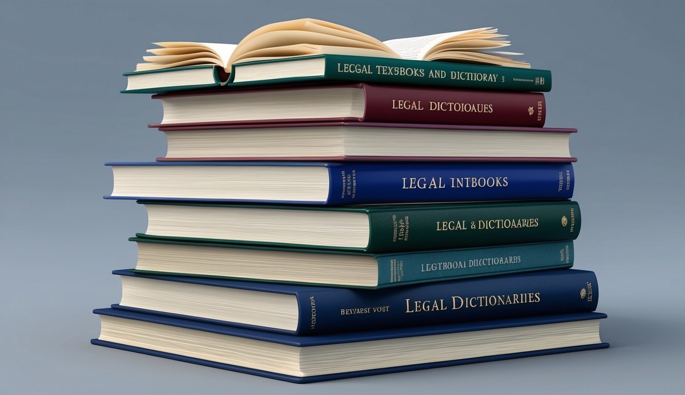 A stack of legal textbooks and dictionaries with open pages