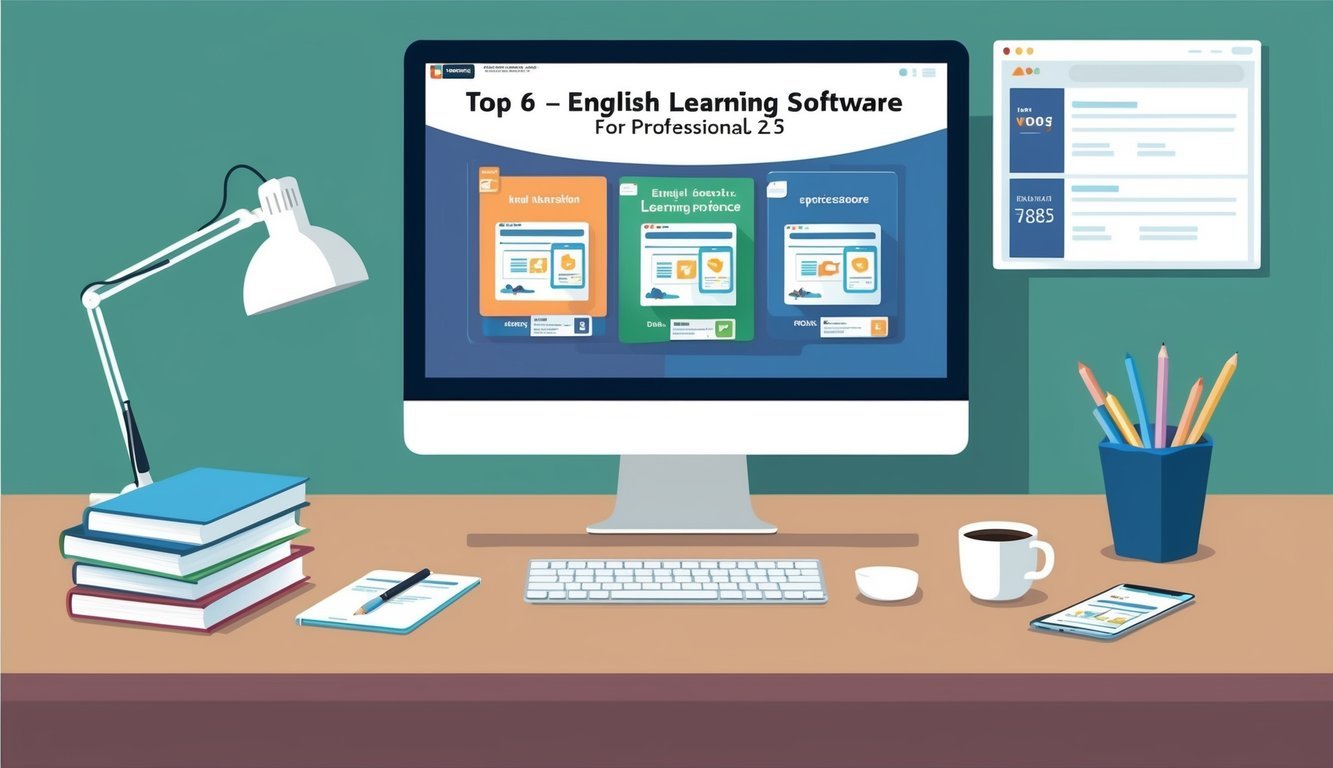 A modern office desk with a computer screen displaying the top 6 English learning software for professionals in 2025