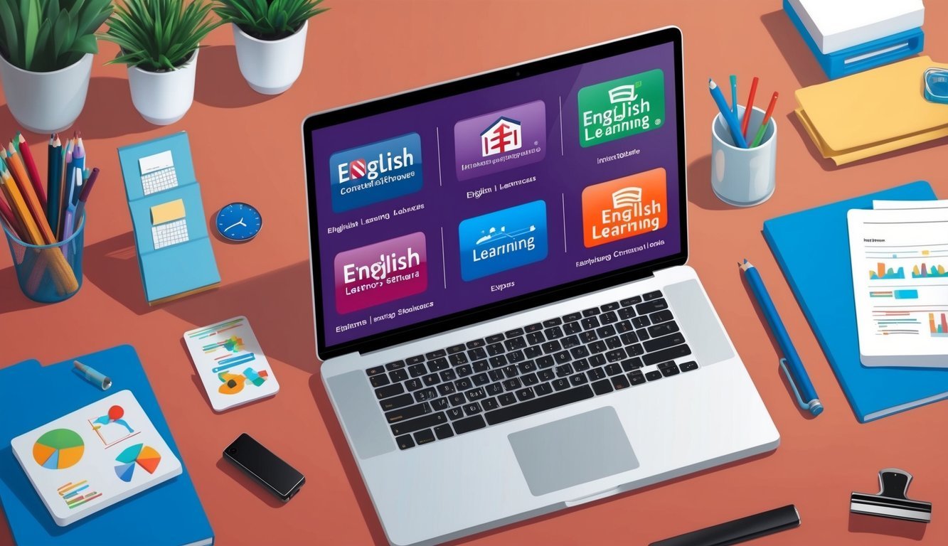 A laptop with six English learning software logos displayed on the screen, surrounded by office supplies and a professional setting