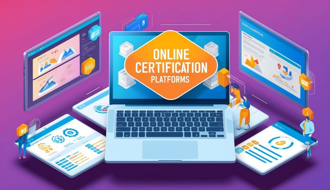 A laptop surrounded by five different online certification platforms for English teaching