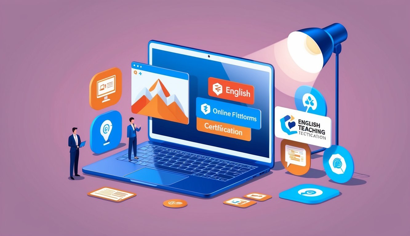 A laptop surrounded by icons of the top 5 online platforms for English teaching certification, with a spotlight on the screen