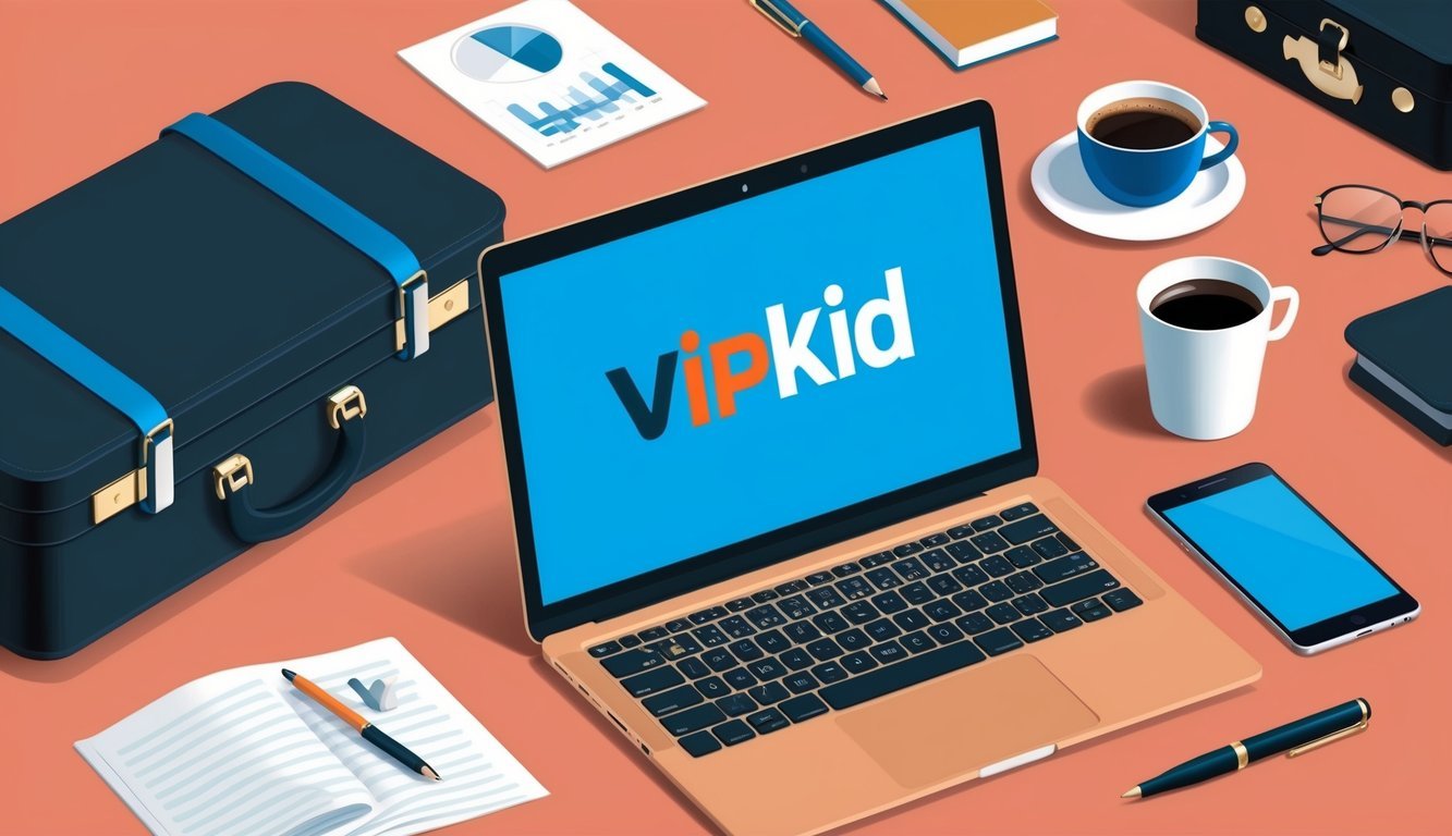 A laptop with VIPKid logo on screen, surrounded by professional items like a briefcase, pen, and coffee cup