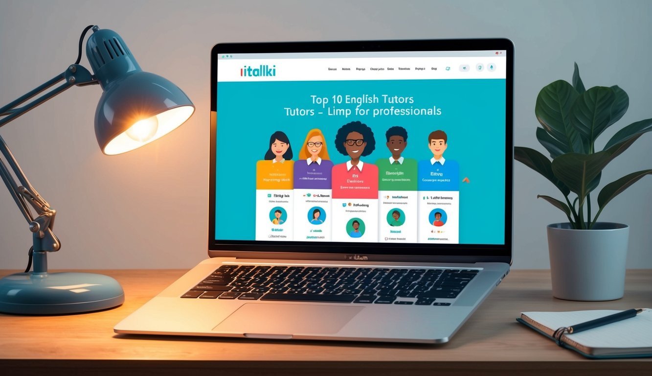 A laptop with italki website open, showing top 10 English tutors for professionals.</p><p>A desk lamp illuminates the screen