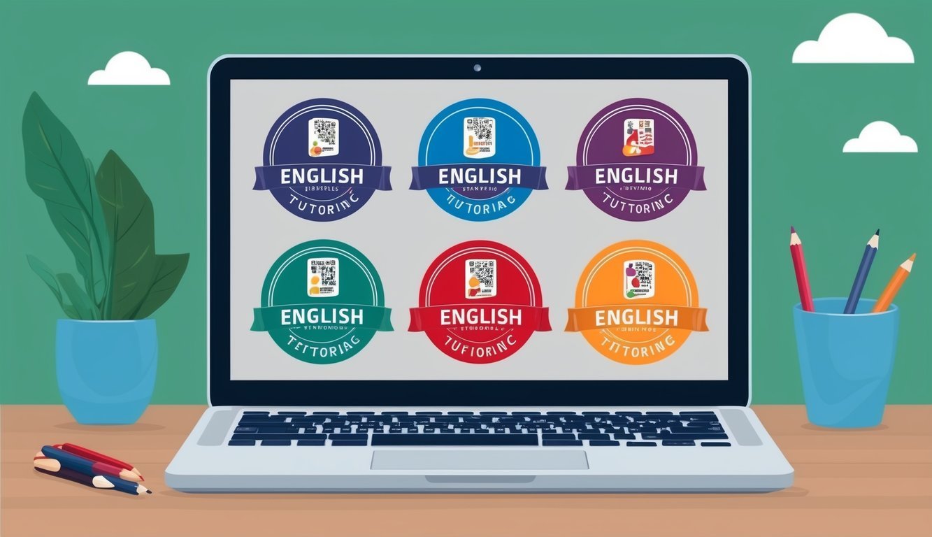 A laptop displaying six online English tutoring service logos