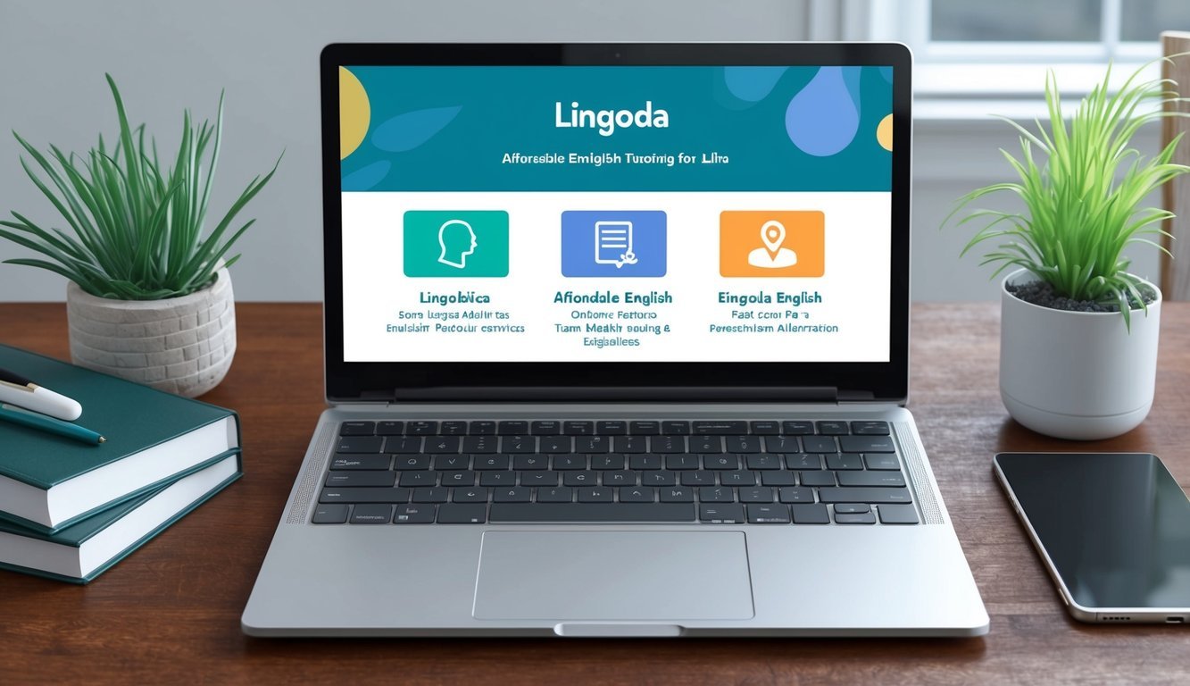 A laptop displaying Lingoda's website with 6 icons representing different affordable online English tutoring services for adults