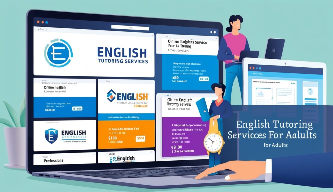 A laptop displaying six different online English tutoring services for adults, each with their own logo and pricing information