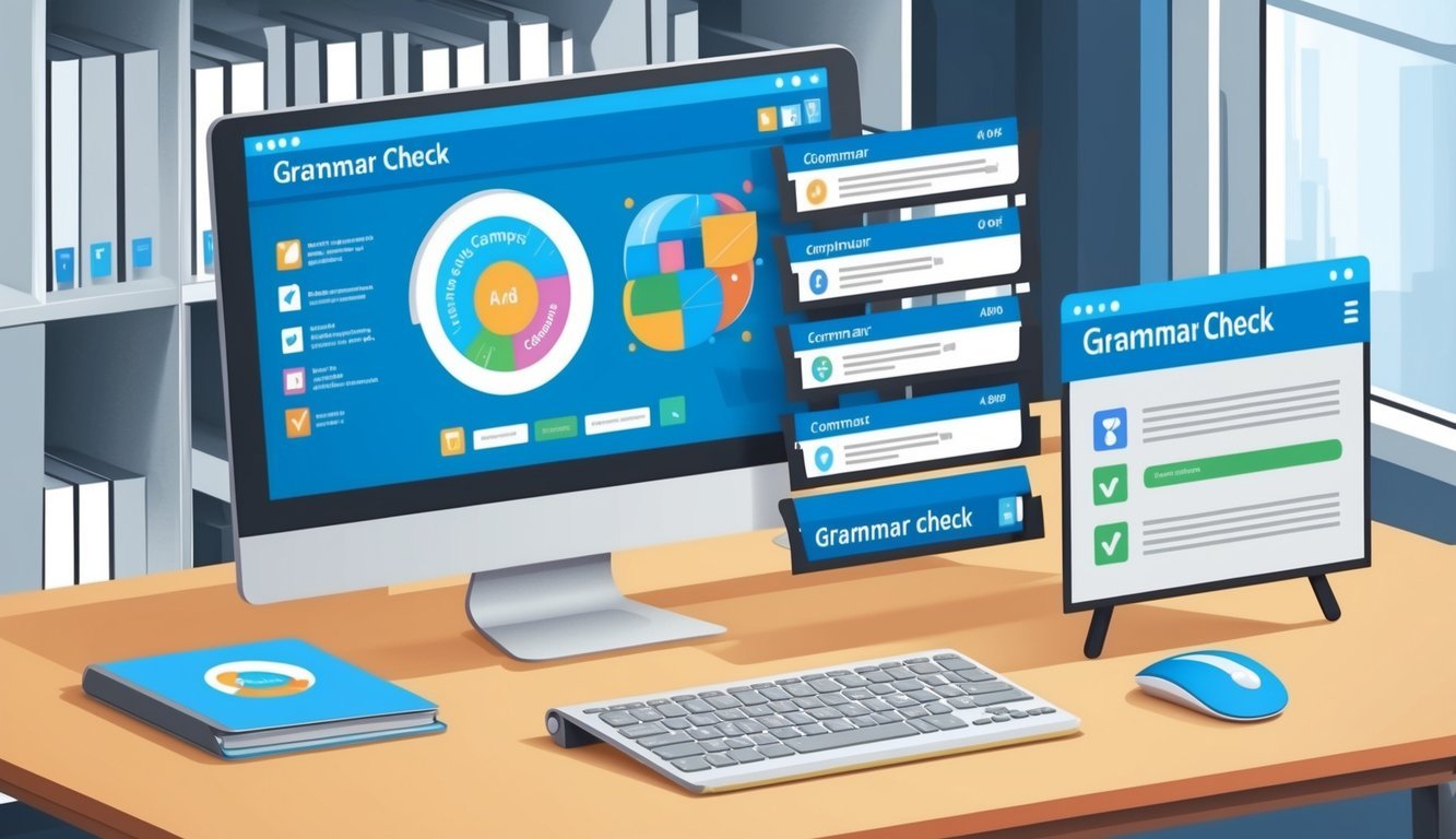 A desk with a computer and various grammar check tools displayed on the screen.</p><p>A business setting with a professional atmosphere