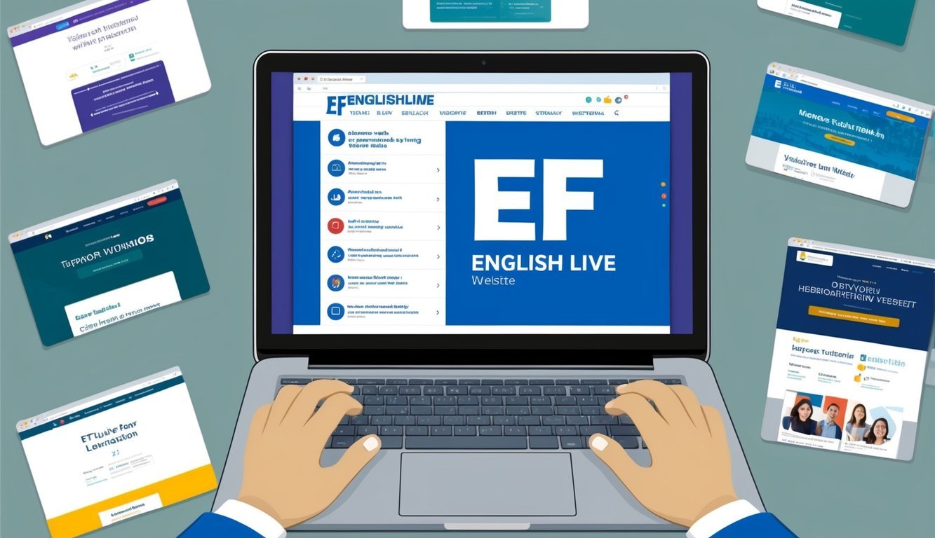 A laptop with the EF English Live website open, surrounded by various other tabs of different tutoring websites