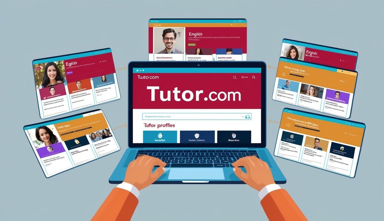 A laptop open to Tutor.com with 9 website tabs showing English tutor profiles