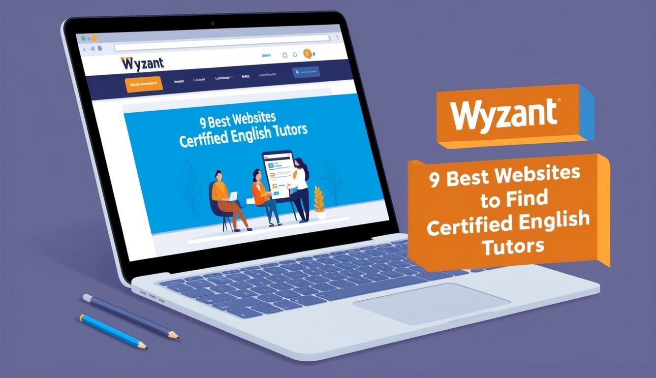 A laptop open to a webpage with the title "Wyzant 9 Best Websites to Find Certified English Tutors" displayed prominently