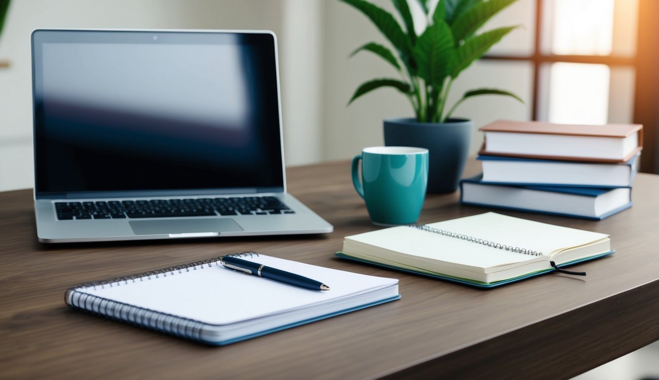 A desk with a laptop, notebook, pen, and coffee mug.</p><p>A stack of business books and a potted plant in the background