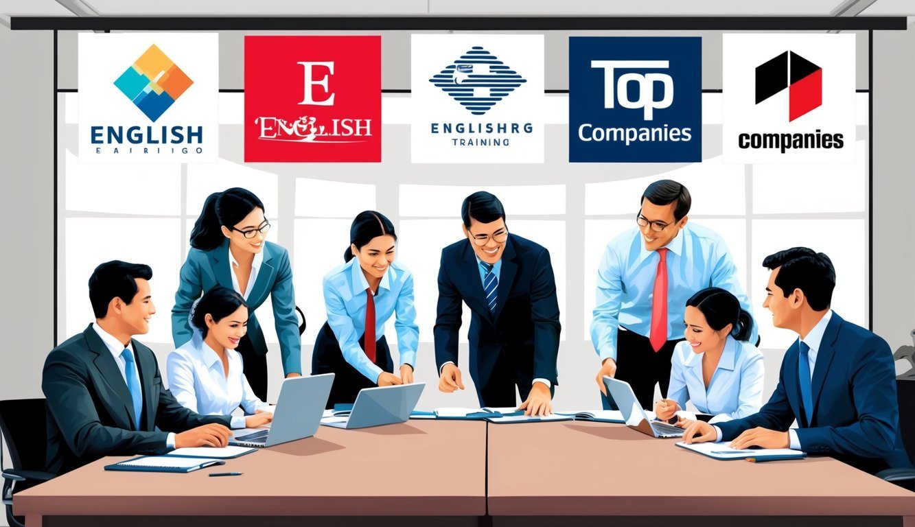 A group of professionals engaged in English training activities in a corporate setting with logos of top companies displayed in the background