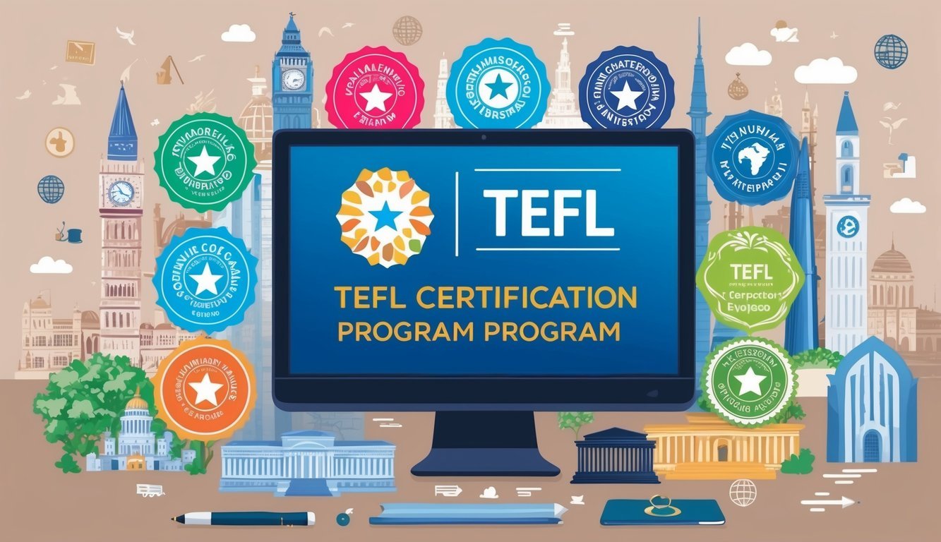 A colorful array of TEFL certification program logos displayed on a digital screen, surrounded by international landmarks and symbols of education