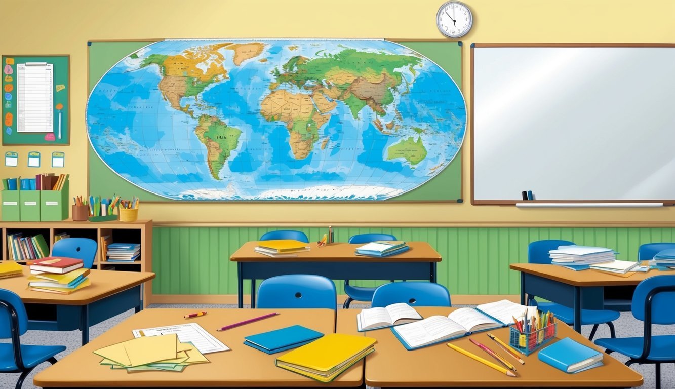 A classroom setting with a world map on the wall, a whiteboard, and various teaching materials scattered on a desk