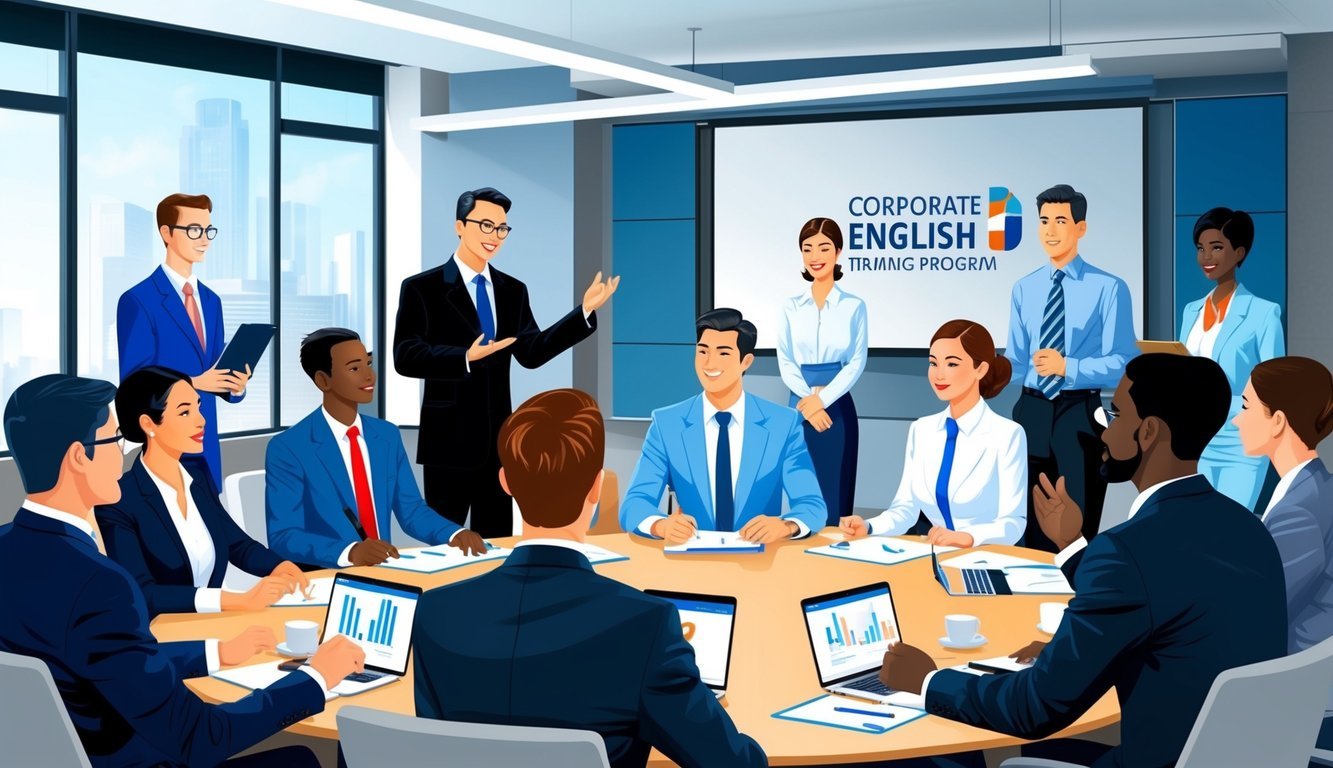 A group of diverse professionals in business attire attending a corporate English training program led by a knowledgeable instructor in a modern conference room