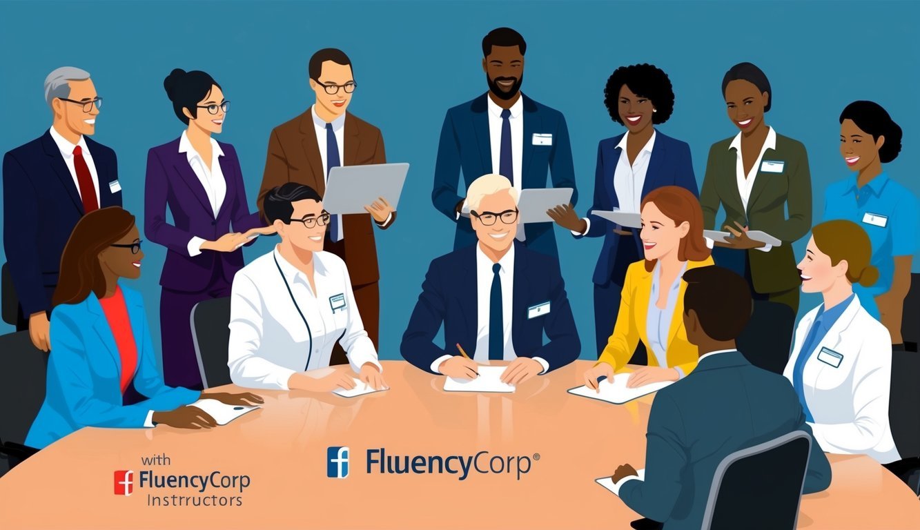 A group of diverse professionals engaged in interactive language training sessions with FluencyCorp instructors