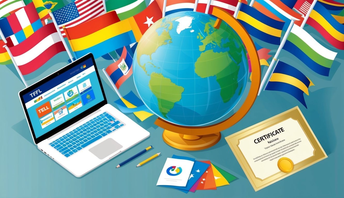 A globe surrounded by colorful flags, a laptop with TEFL program websites, and a certificate with a gold seal