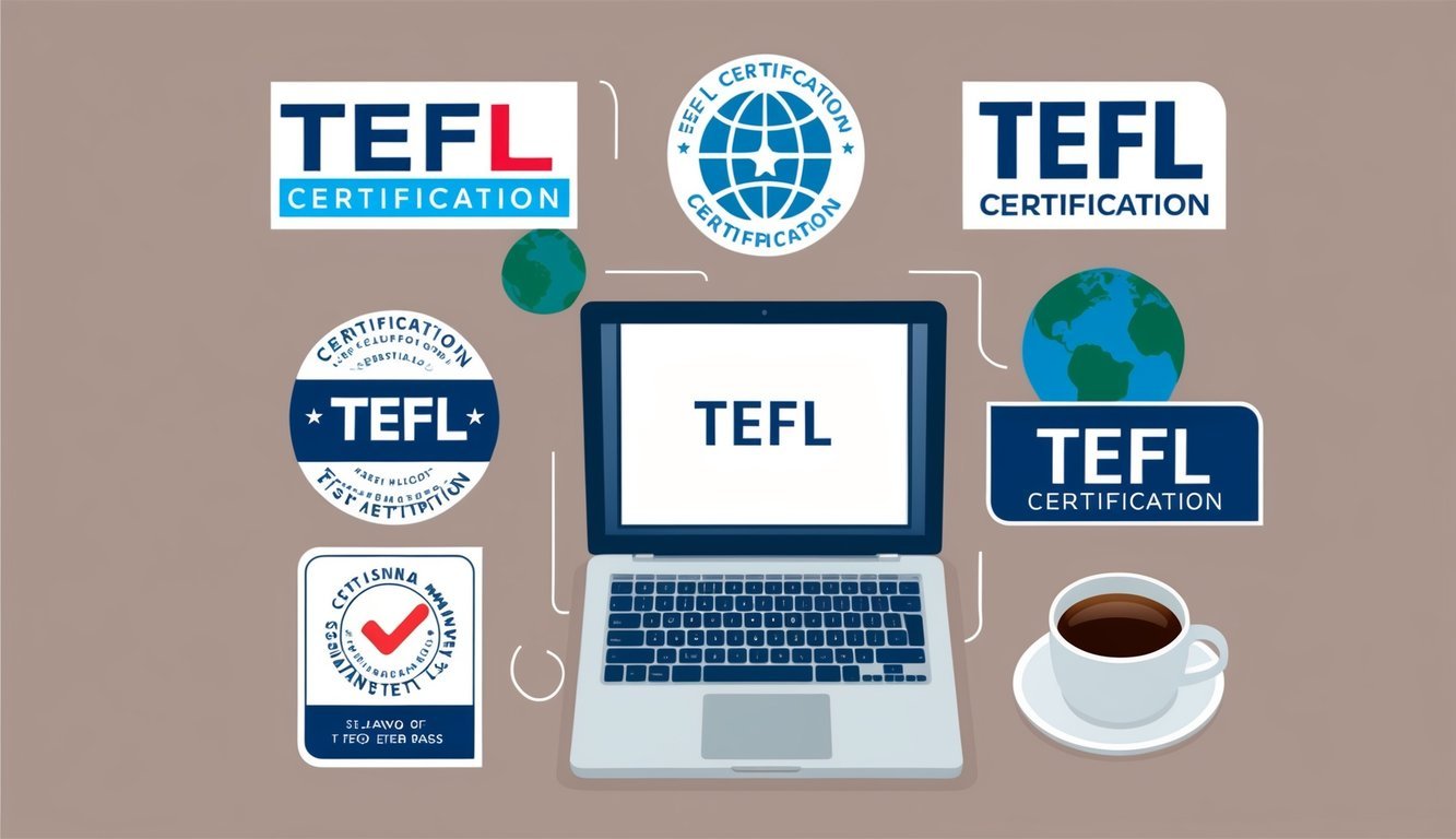 A laptop surrounded by 7 TEFL certification logos, with a globe and a cup of coffee nearby