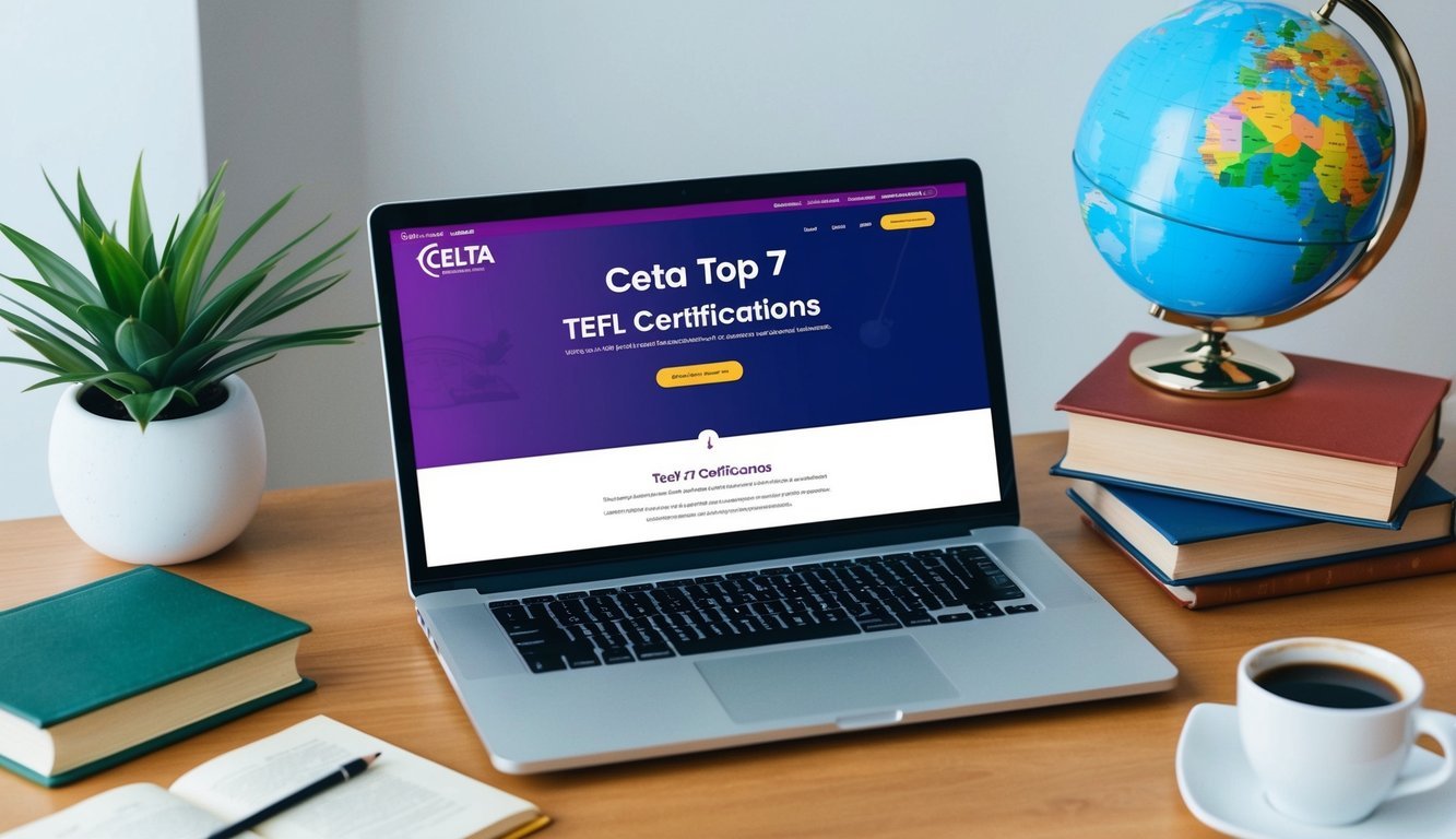 A laptop displaying the CELTA Top 7 TEFL Certifications website, surrounded by a globe, books, and a cup of coffee