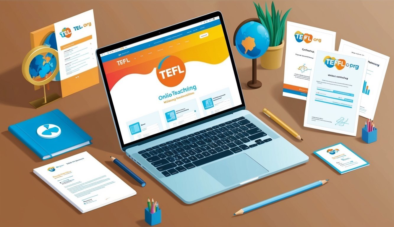 A laptop with TEFL Org website open, surrounded by online teaching materials and a certificate