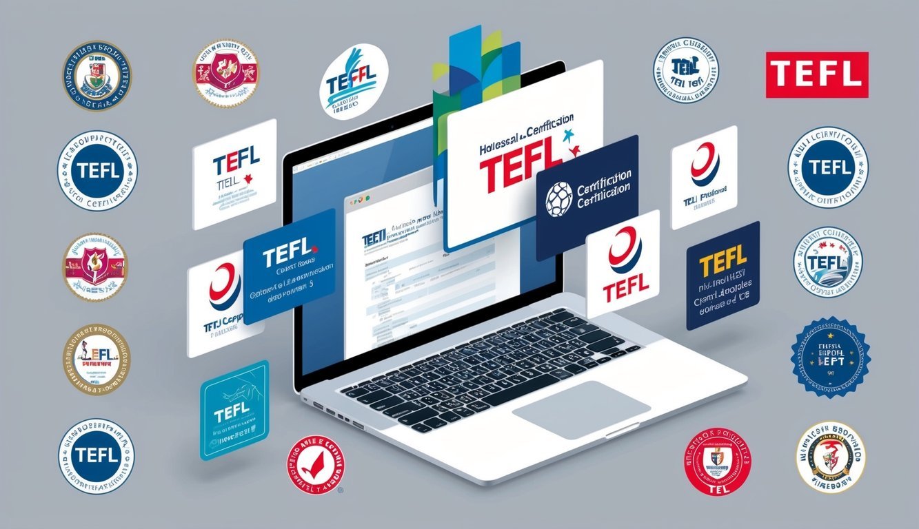 A laptop surrounded by various TEFL certification logos