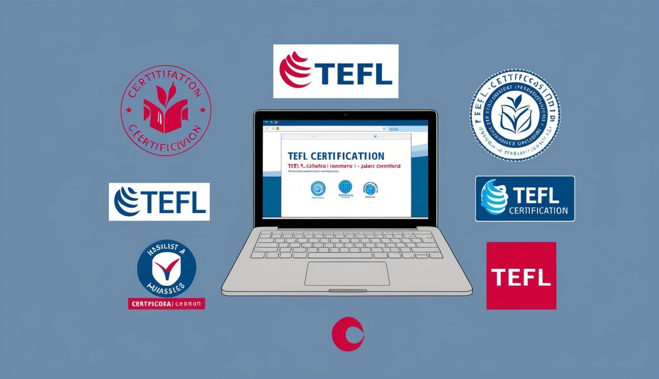 A laptop surrounded by seven TEFL certification logos