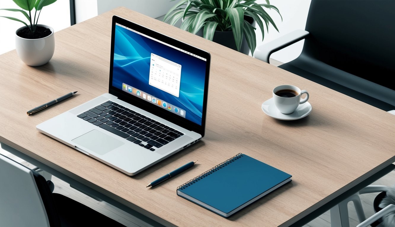 A desk with a laptop, notebook, pen, and coffee cup.</p><p>A sleek, modern office setting with clean lines and professional decor