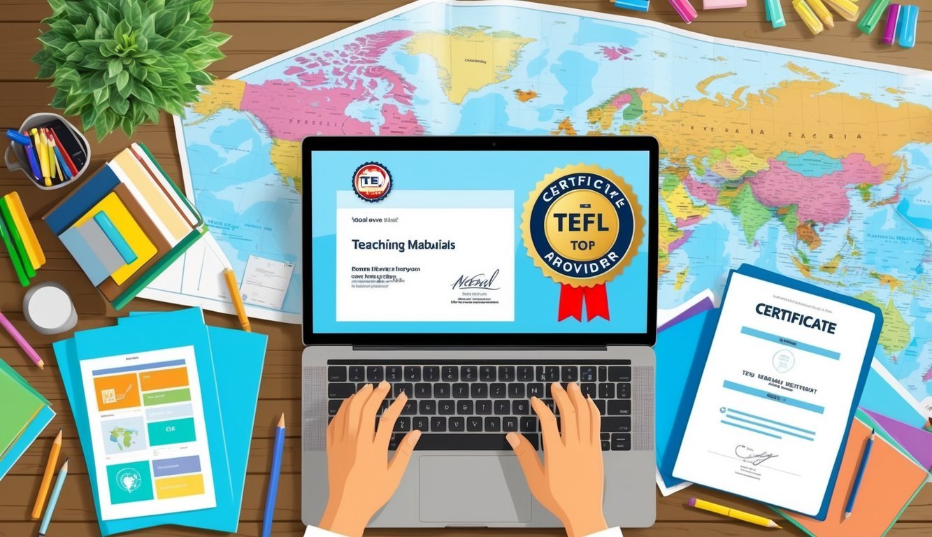 A laptop surrounded by teaching materials and a world map, with a certificate from a top TEFL provider displayed prominently