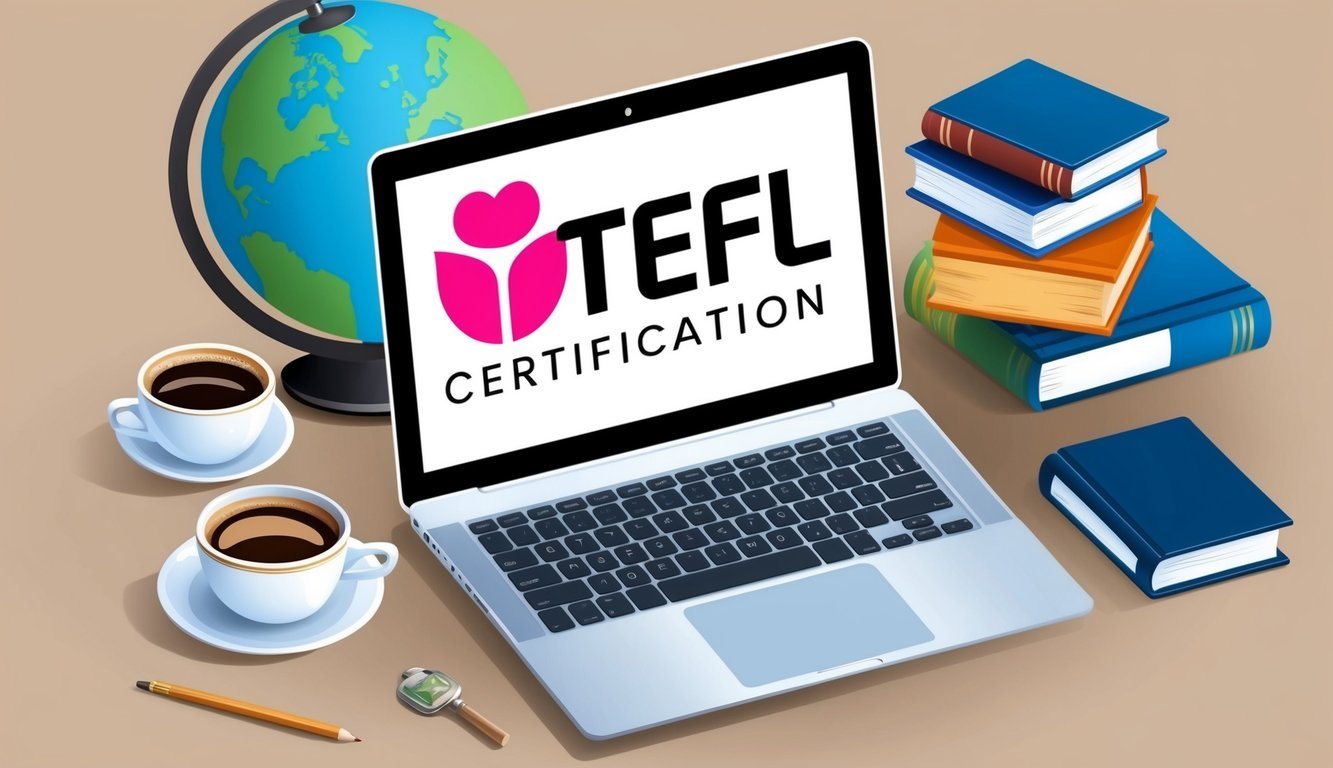 A laptop with a TEFL certification logo displayed on the screen, surrounded by a globe, books, and a cup of coffee