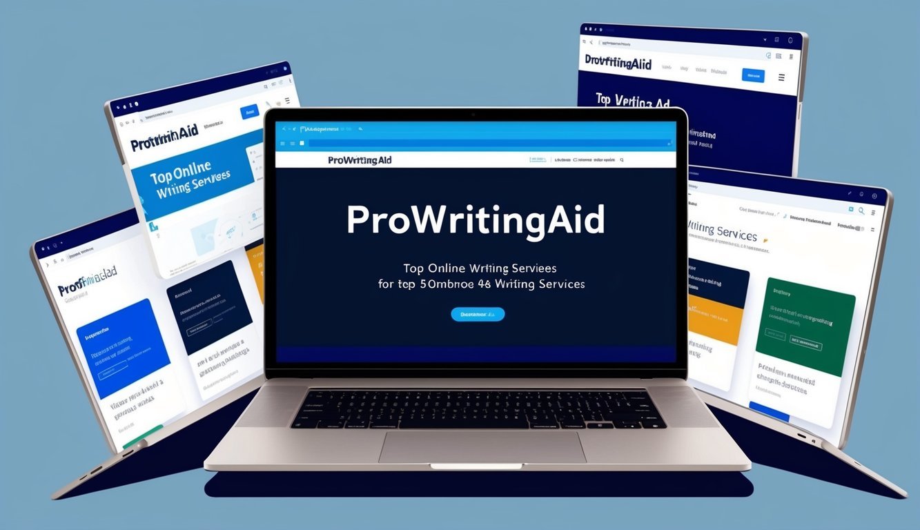 A sleek laptop displaying the ProWritingAid website, surrounded by other open tabs for top online writing services