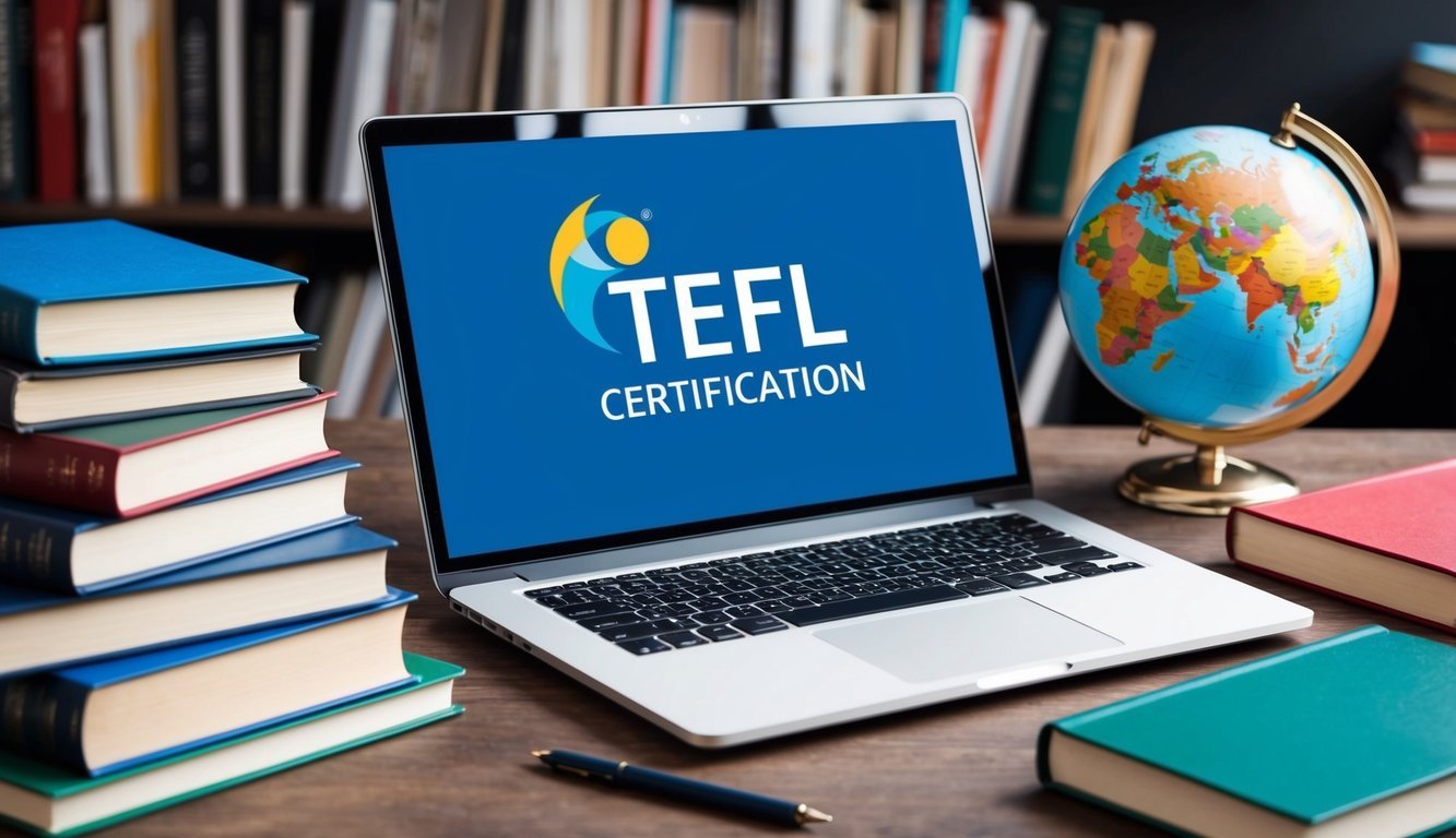 A laptop with a TEFL certification logo on the screen, surrounded by a stack of books and a globe