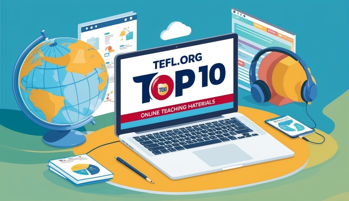 A laptop with a TEFL Org Top 10 logo surrounded by a globe, headset, and online teaching materials