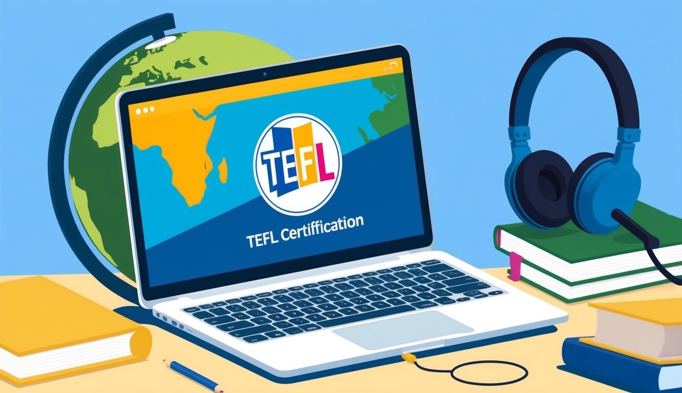 A laptop with a TEFL certification logo displayed on the screen, surrounded by a globe, books, and a headset, symbolizing remote teaching